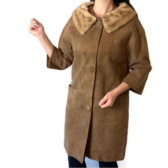 Vintage Avanti Tan Suede Leather Fur Collar Coat Size Medium - Picture 1 of 9
